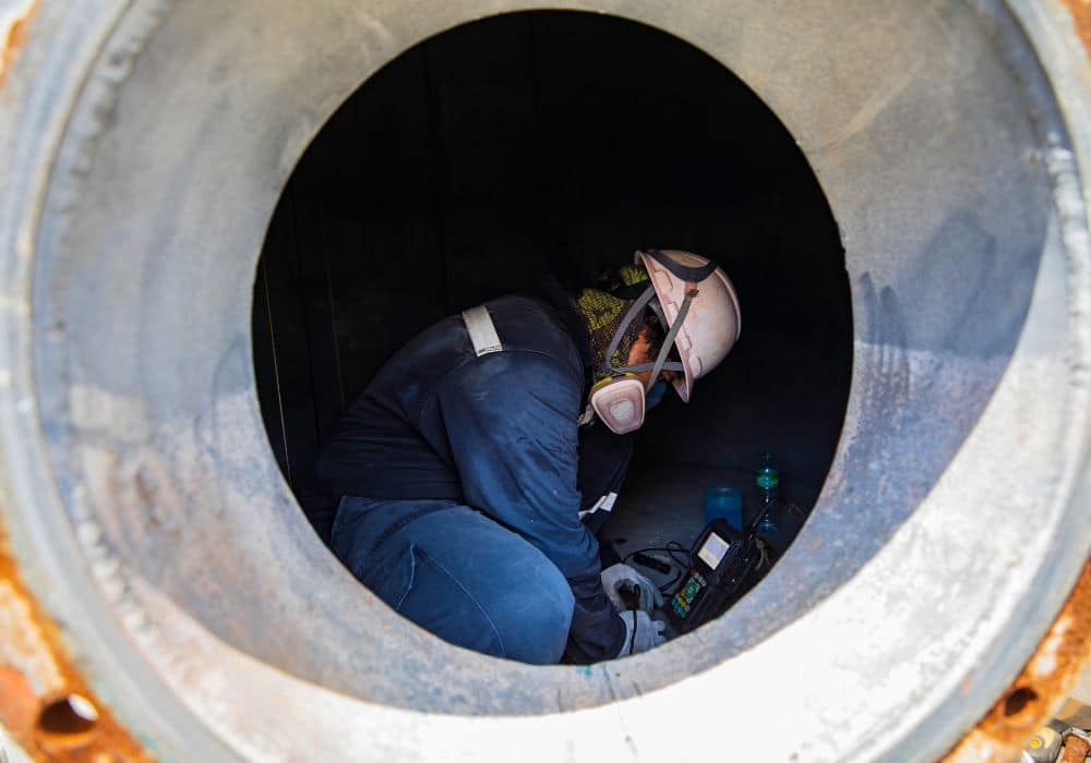 industrial cleaner wearing PPE in a confined space ; confined space cleaning